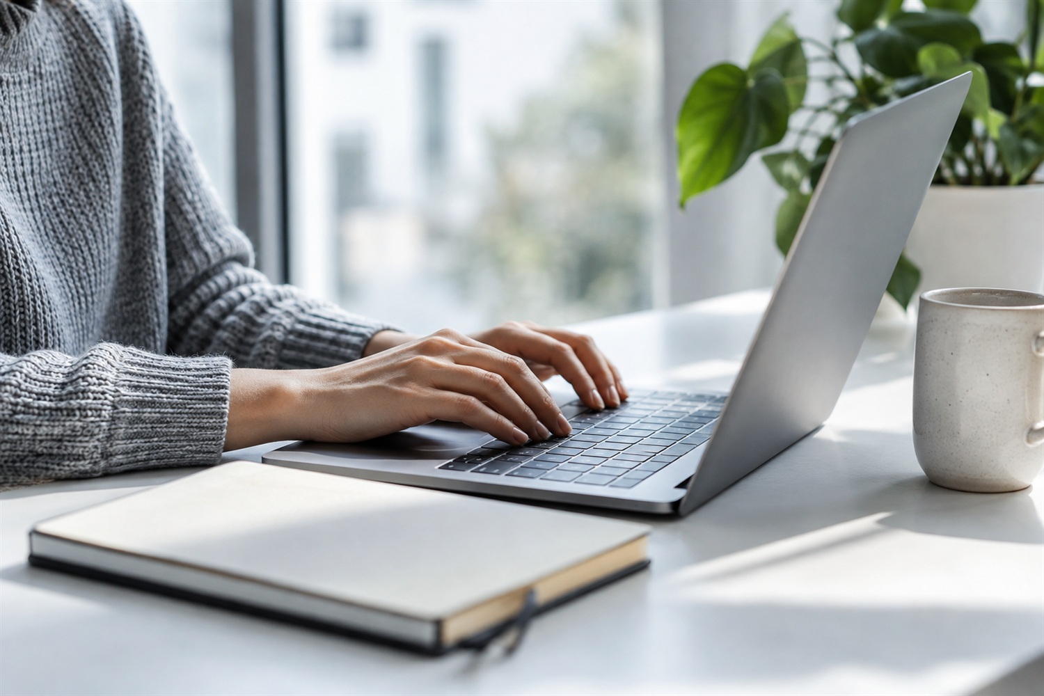 Mãos digitando em um notebook sobre uma mesa clara