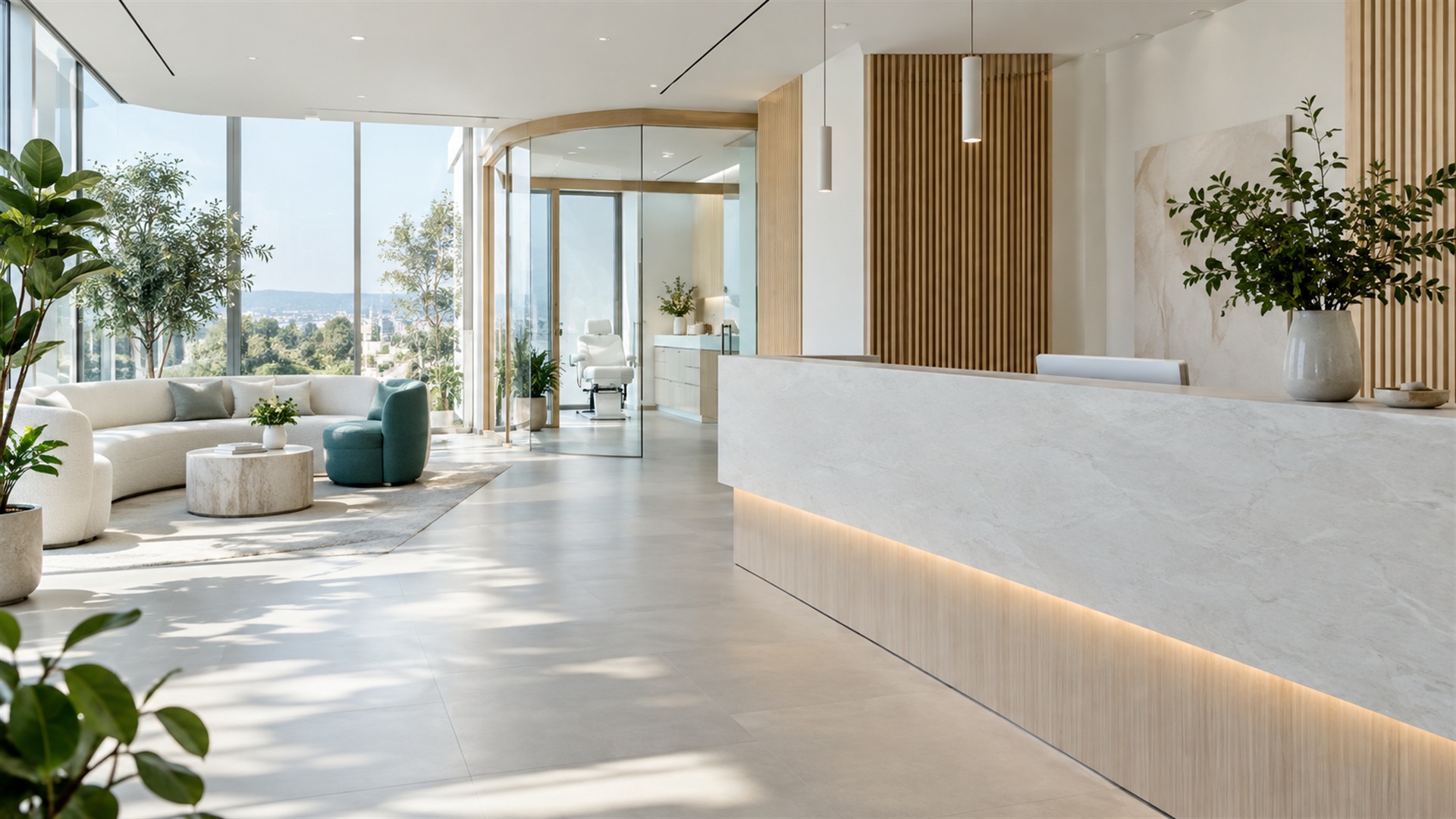 Recepção clara da clínica com luz natural e plantas